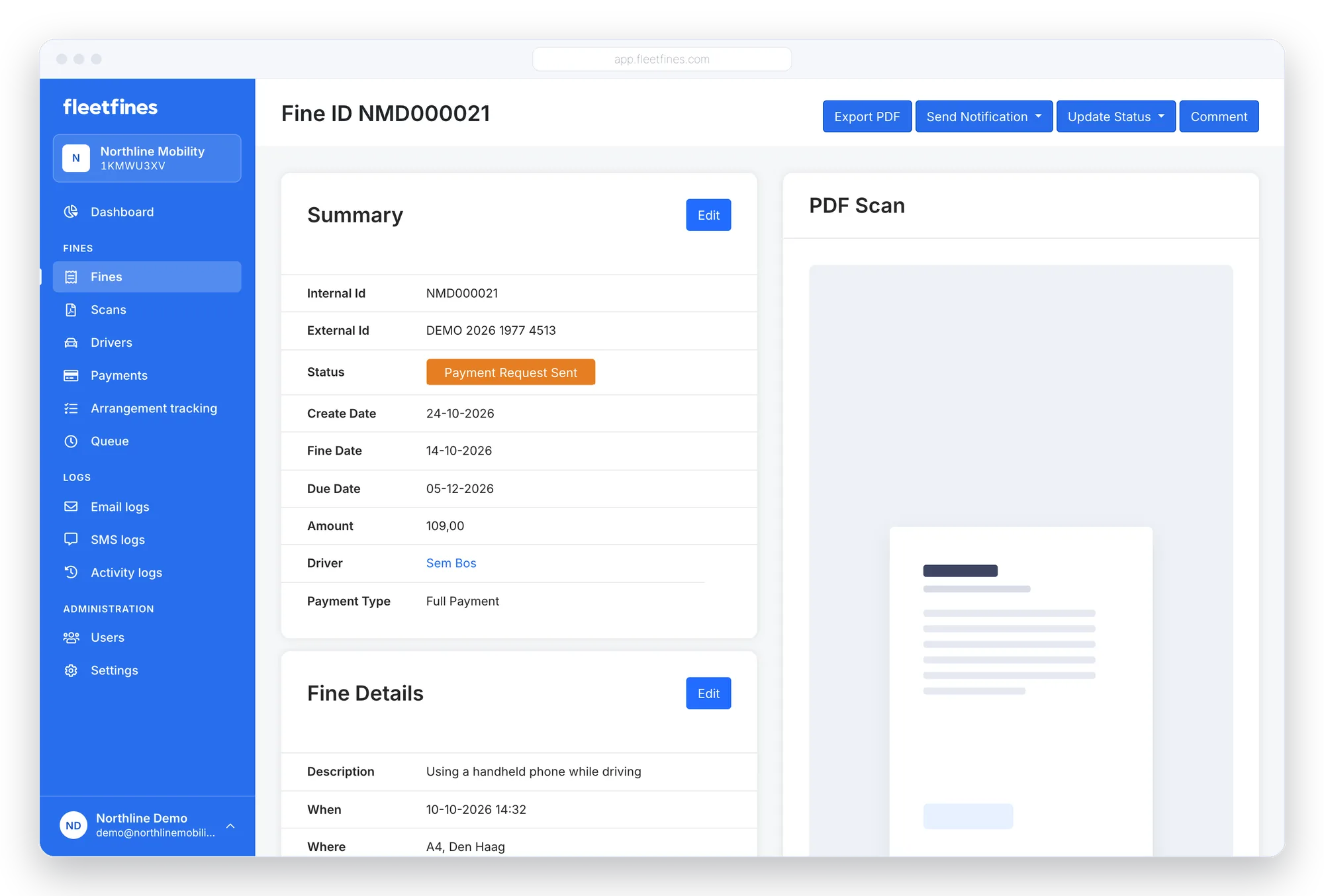 Fine in Fleetfines with automatically imported data and PDF scan