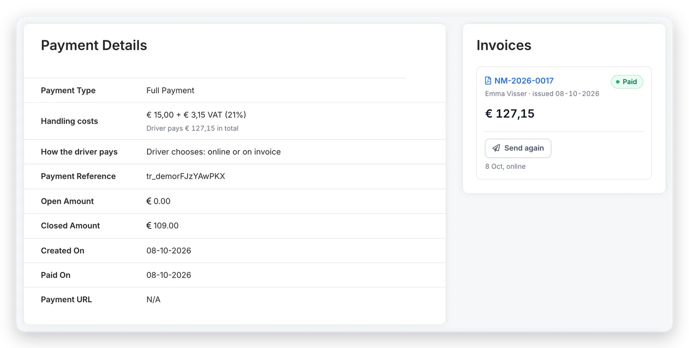 Payment details and invoice of a paid fine