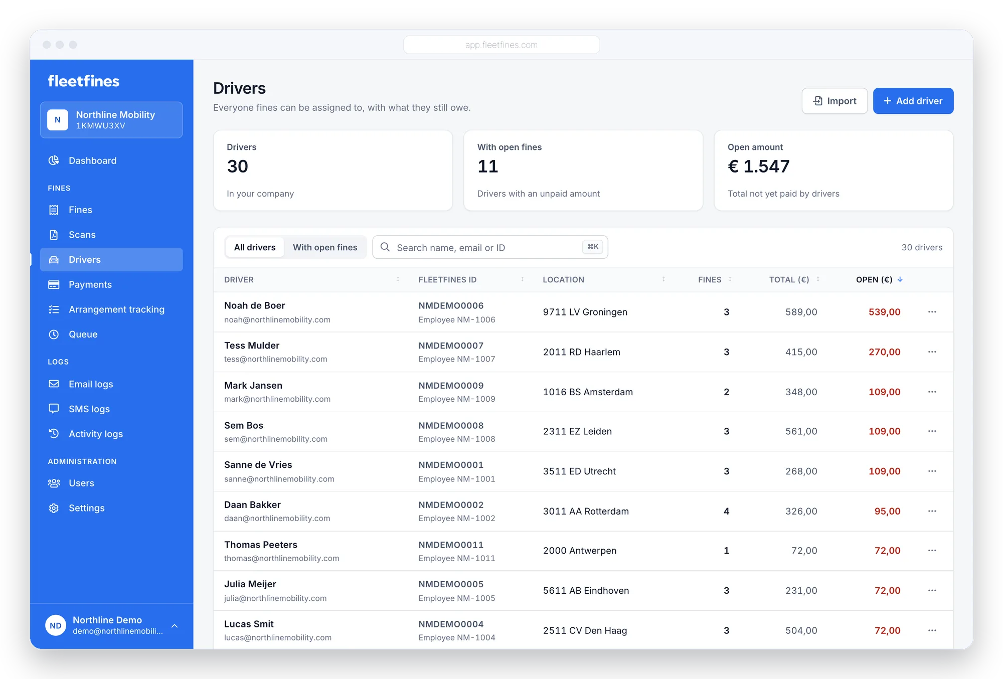 Driver overview in Fleetfines with fines and outstanding amounts per driver