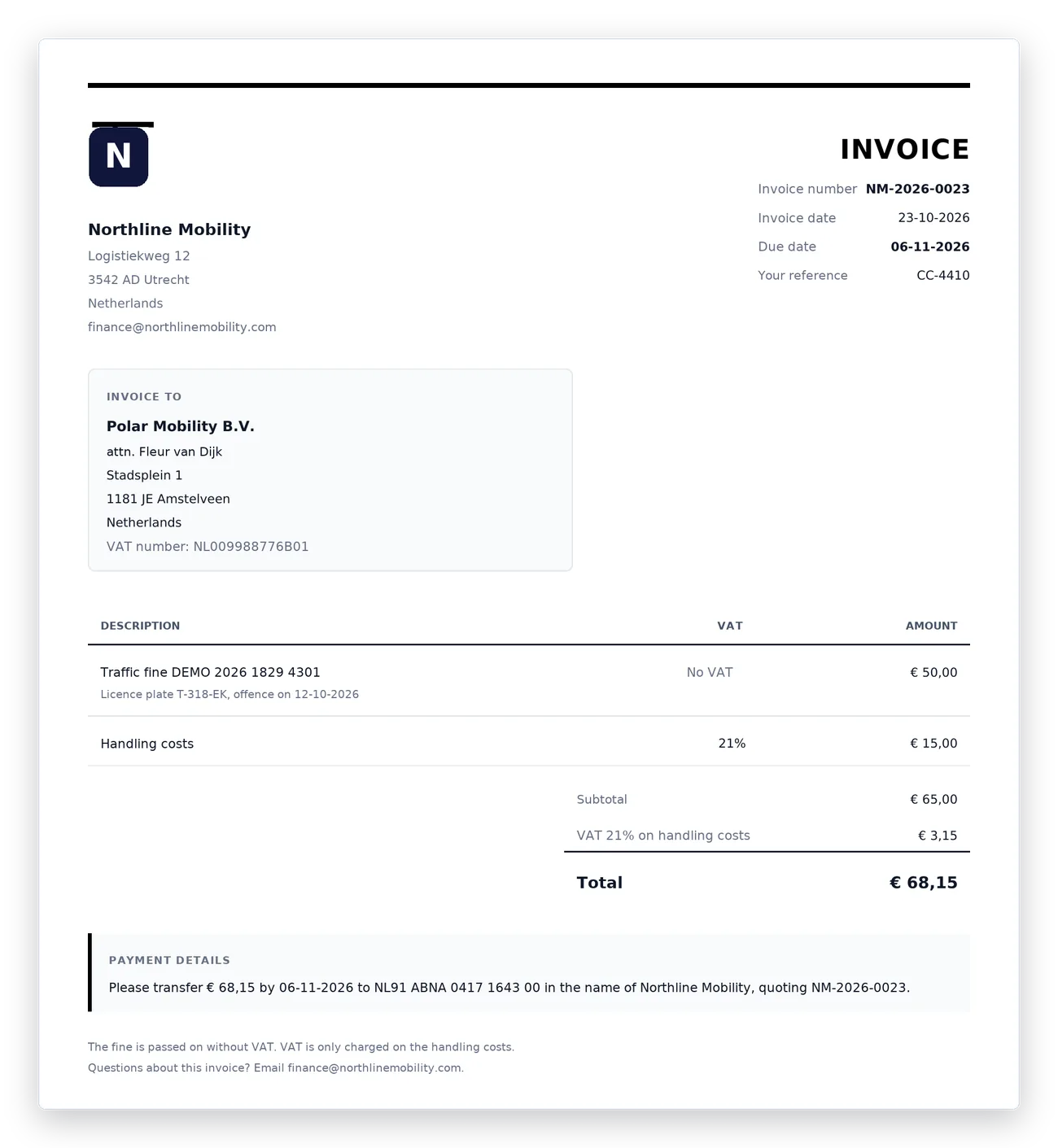 Automatically generated PDF invoice for a traffic fine with a handling fee