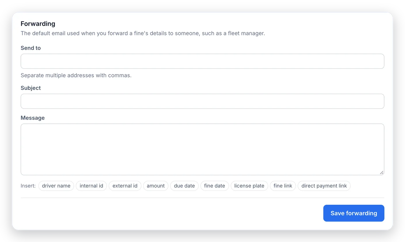 Settings for forwarding a fine