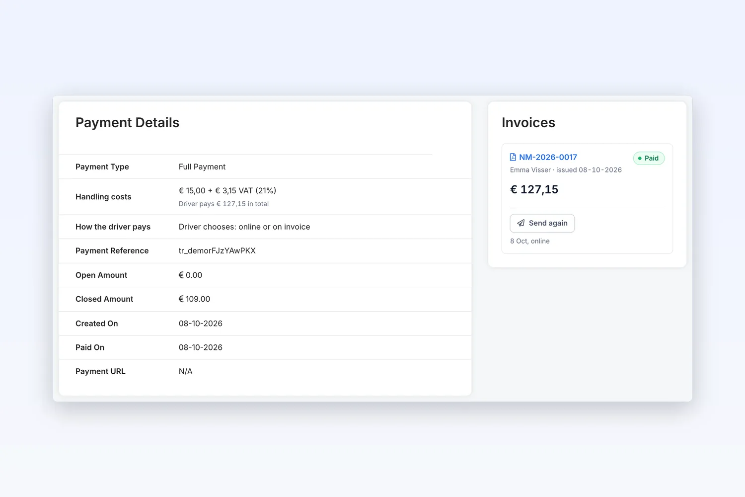 Payment details and invoice of a paid fine