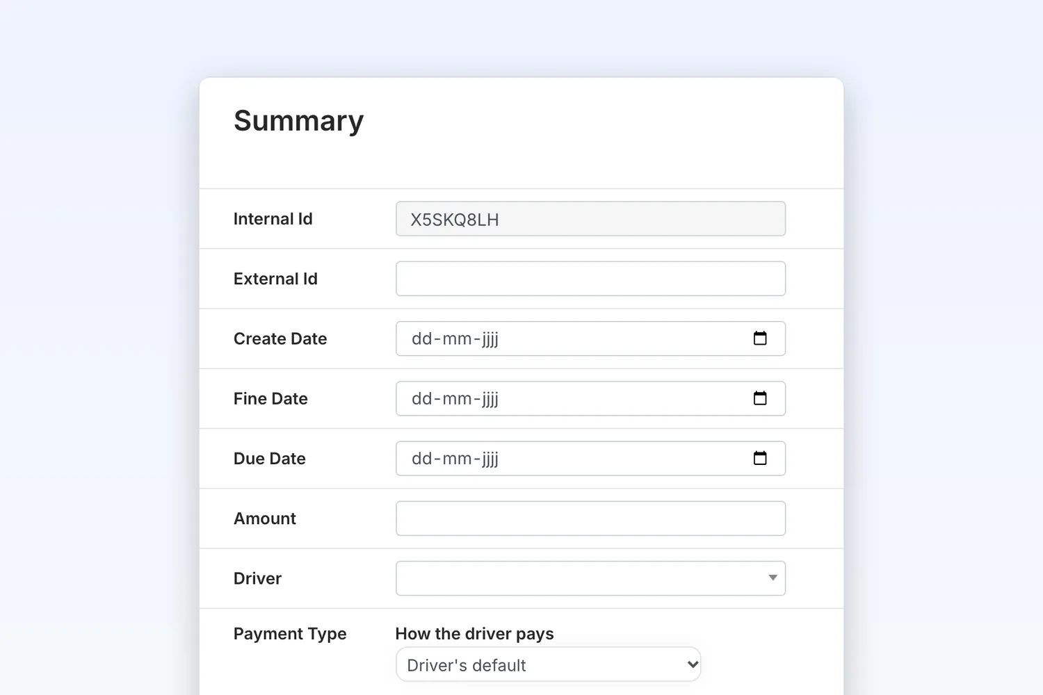 Step 1: create the fine and choose the payment type