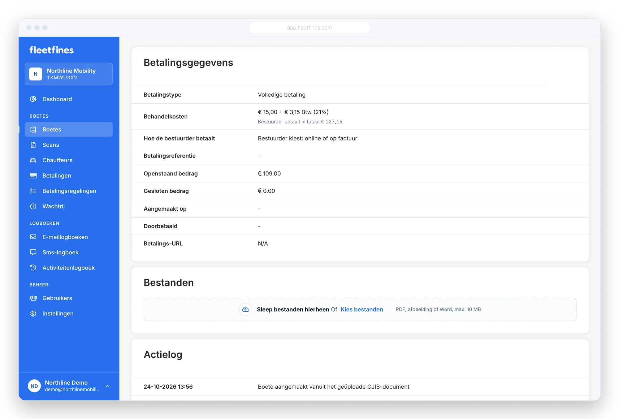 Betalingsgegevens, actielog en e-maillogboek van een bekeuring in Fleetfines